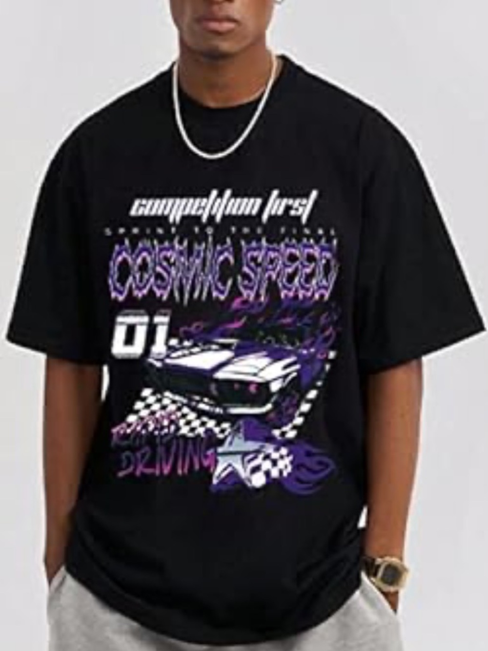 ROMWE Black Tee with Purple and Pink Racing Graphic